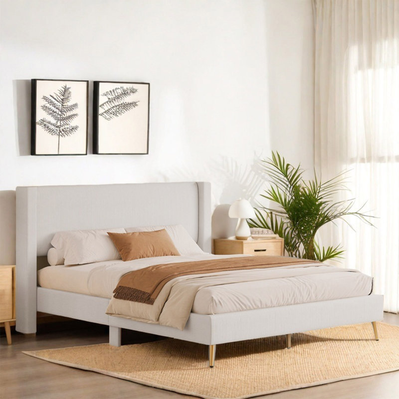 George Oliver Queen Size Bed Frame With Metal Legs Corduroy Upholstered Bed Platform Queen Bed Frame For Bedroom Wayfair